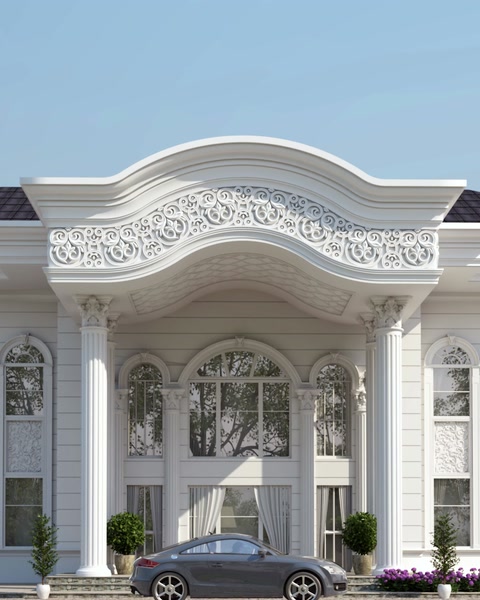 Randare 3D a unei vile cu portic, coloane și balustradă