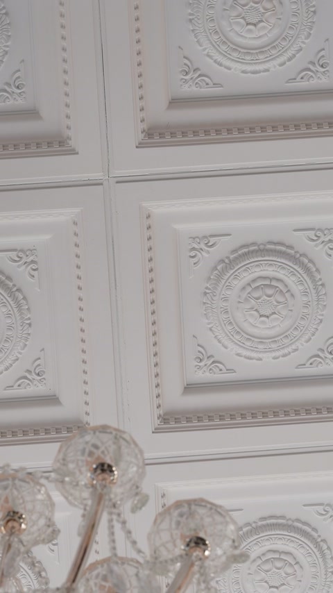 Tavan casetat alb decorat cu rozete, chenare și profile ornamentale