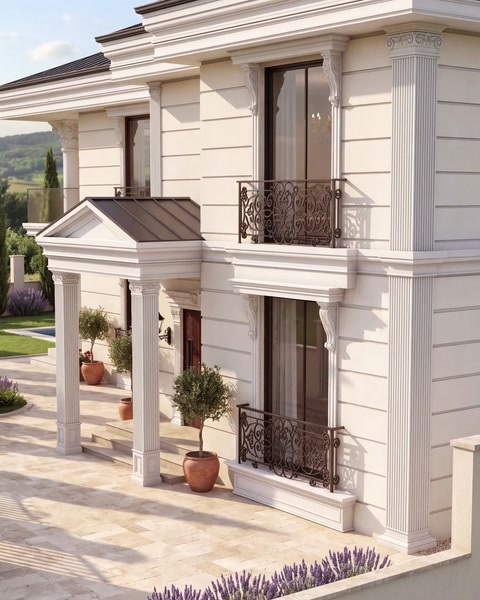 Randare a fațadei cu balcoane, profile decorative și coloane din poliuretan