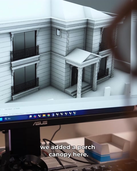 Modelul 3D pe ecran arată copertina adăugată deasupra intrării