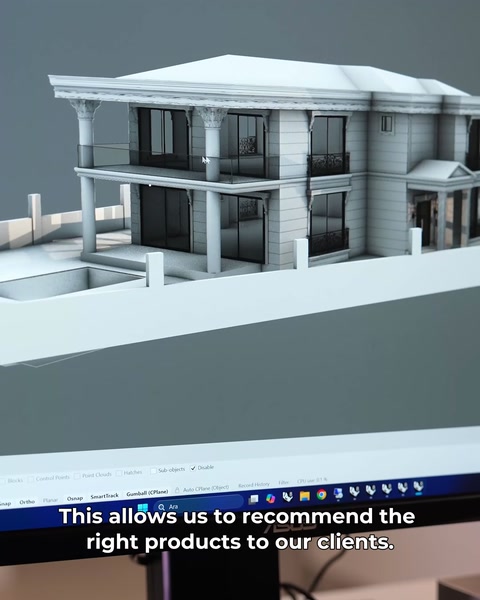 Modelul 3D final al vilei cu copertină și coloane de susținere