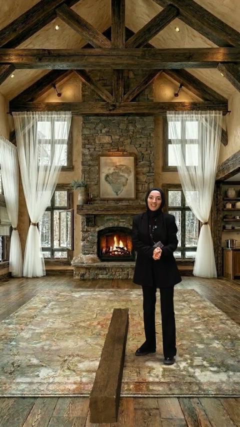 Prezentatoarea stă într-un salon rustic cu structură decorativă montată pe tavan.