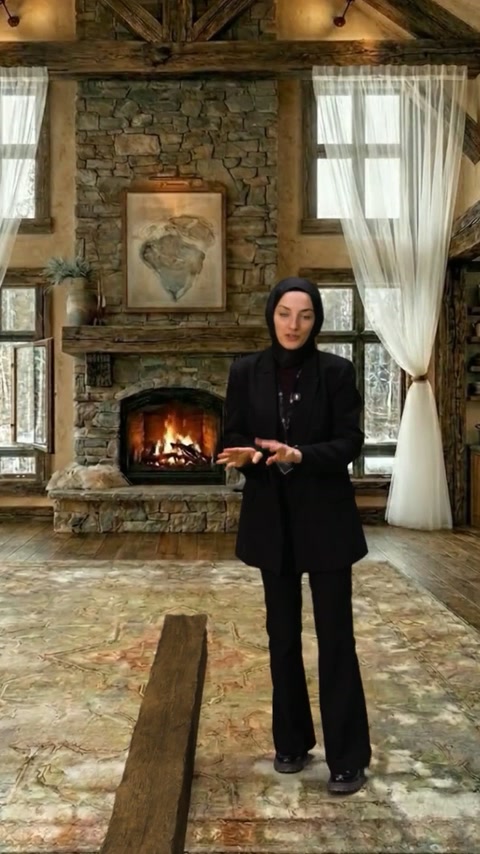 Cadru frontal cu prezentatoare, șemineu aprins și grinzi aparente finisate rustic.