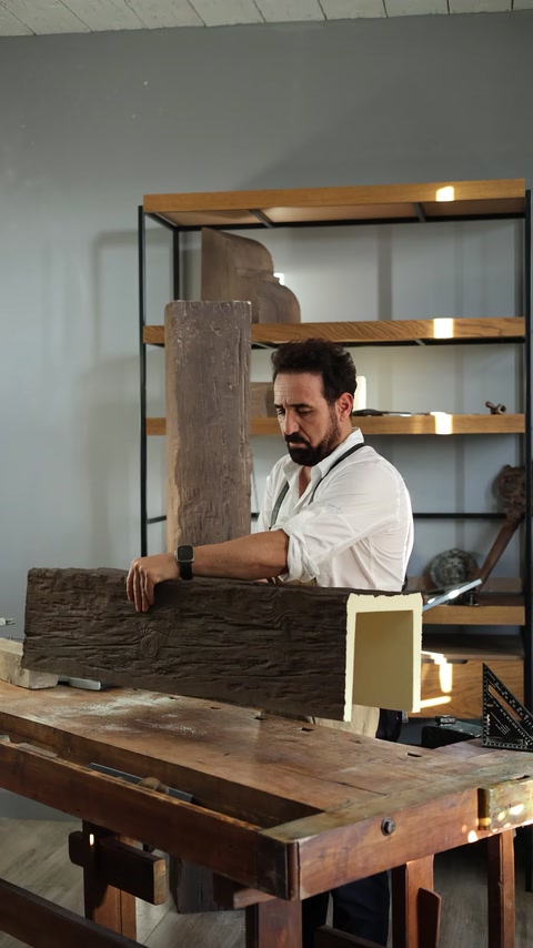 Specialist măsoară o grindă decorativă cu aspect de lemn în atelier