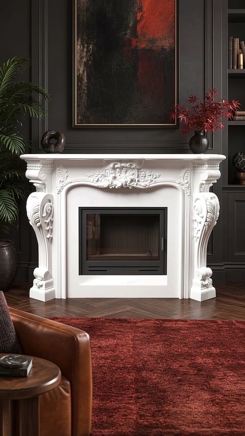 Ramă clasică albă de șemineu, prezentată într-un interior elegant.