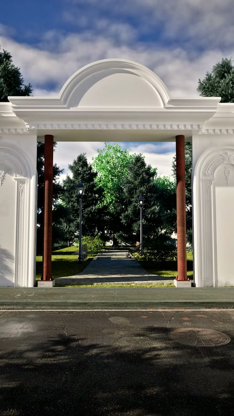 Frontonul semicircular completează partea superioară a intrării cu coloane