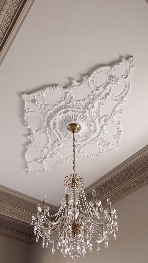 Rozetă de tavan albă instalată deasupra unui candelabru cu cristale