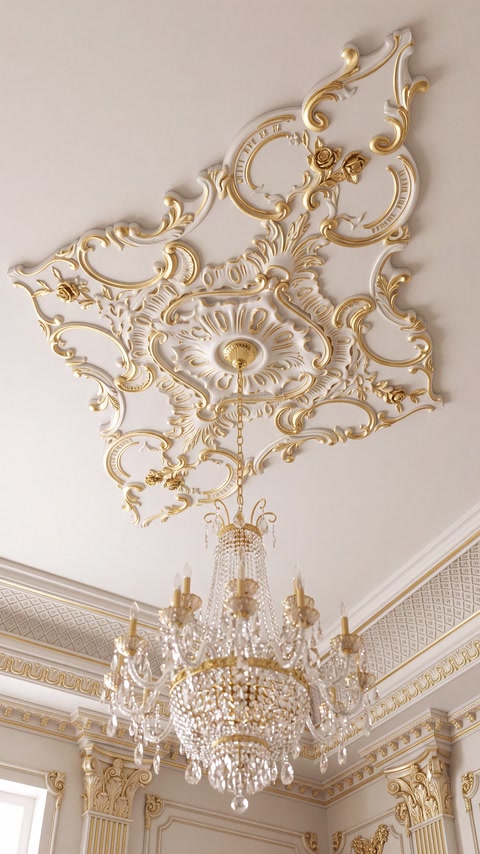 Rozetă aurie montată pe tavan, lângă un candelabru elegant