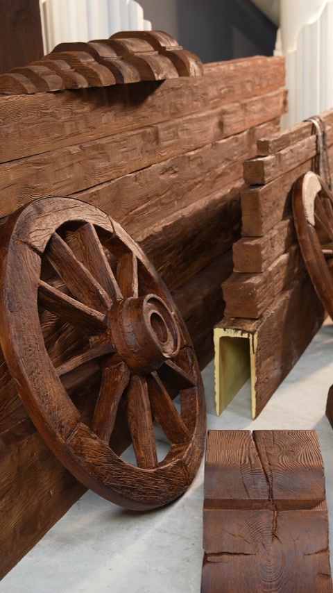 Grinzi și roată de lemn stivuite, aranjament decorativ rustic