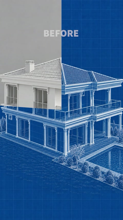 Schiță arhitecturală a vilei cu profile și coloane exterioare