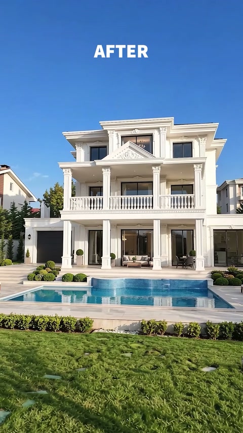Ansamblul vilei și piscinei văzut frontal din grădina amenajată