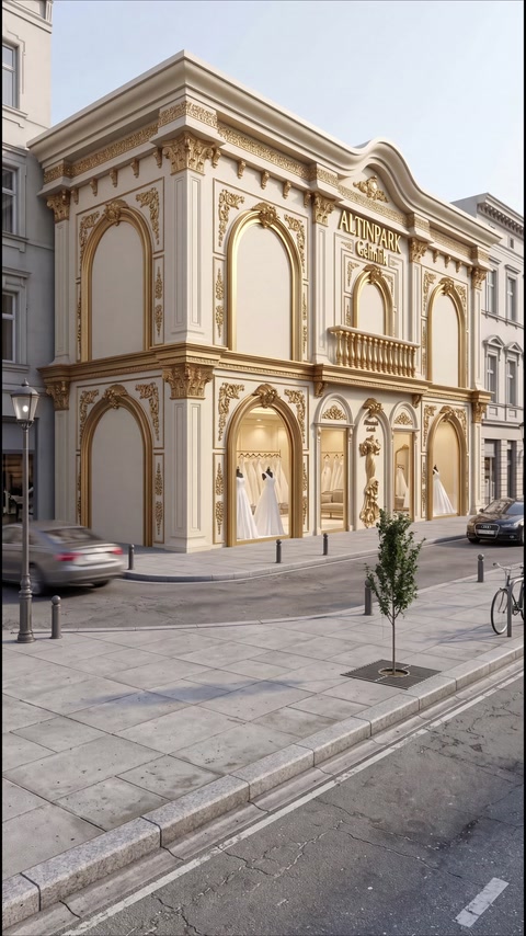 Fațadă ornamentată cu arcade înalte, coloane și ancadramente ample