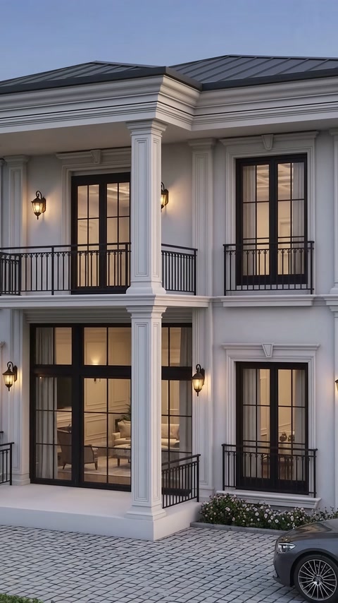 Detaliu de fațadă cu coloană, balcon și ancadramente de ferestre