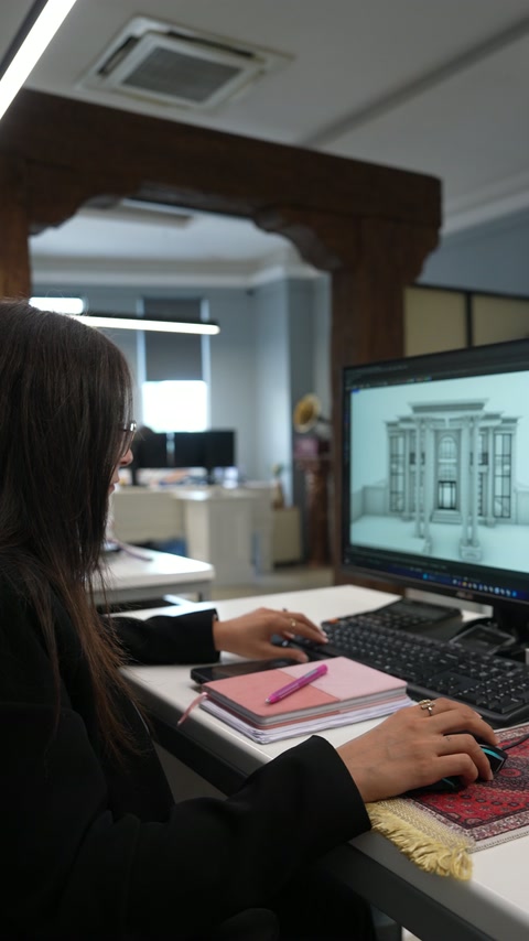 Arhitecta ajustează fațada clasică pe monitor, în etapa de proiectare