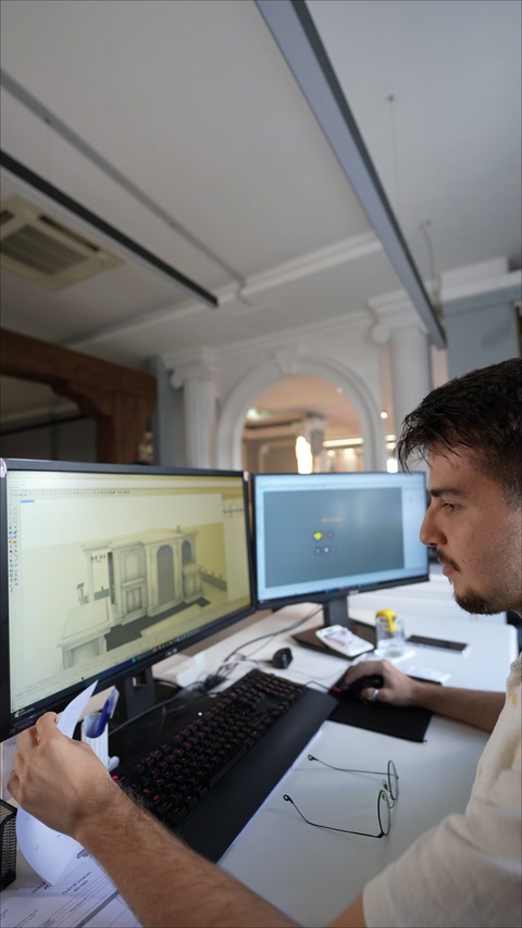 Specialistul compară variante arhitecturale pe monitoarele biroului de proiectare