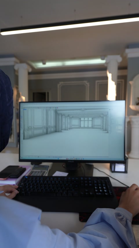 Randare interioară cu panouri decorative și coloane, verificată înaintea execuției