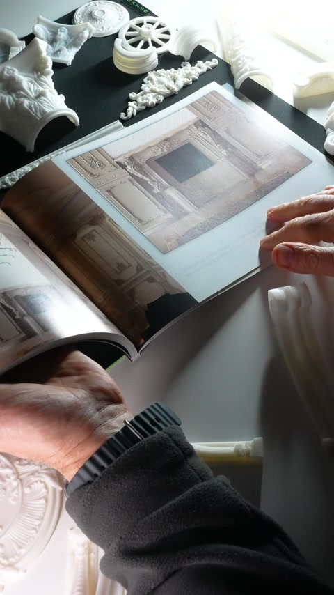 Catalog deschis la un interior clasic cu ancadrament de șemineu.