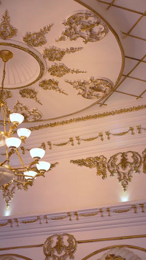 Rozetele și profilele aurii creează un ritm decorativ pe tavan