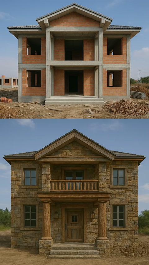 Proiectul brut și varianta rustică decorată sunt prezentate comparativ.