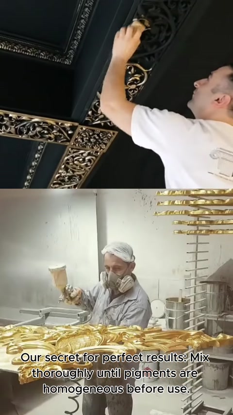 Aplicarea uniformă prin pulverizare pe decorațiuni aurii bogat ornamentate