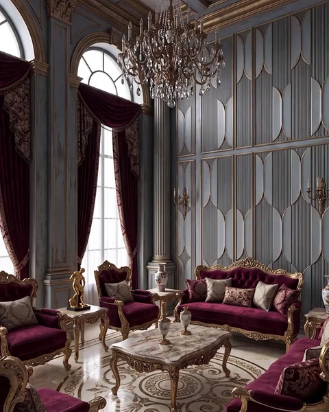Salon cu canapele bordo și pereți ornamentați cu tăblii aurii
