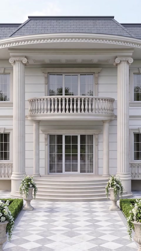 Fațadă de vilă decorată cu coloane, ancadramente și balustradă clasică