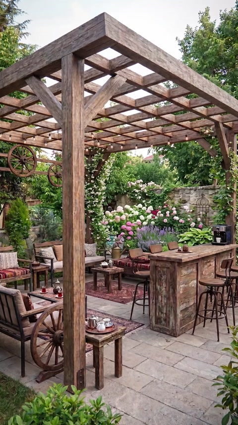 Spațiu exterior cu pergolă, grinzi decorative și zonă de relaxare