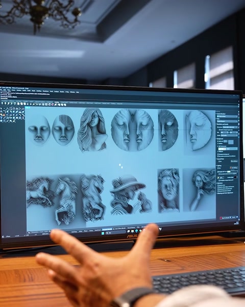 Ecran cu variante de chipuri sculptate pentru basorelief