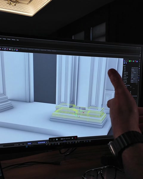 Soclurile de sub pilaștri indicate pe modelul 3D al intrării