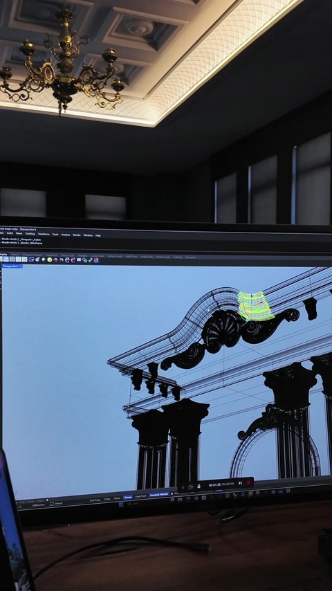 Structură wireframe a capitelurilor și cornișei în lucru