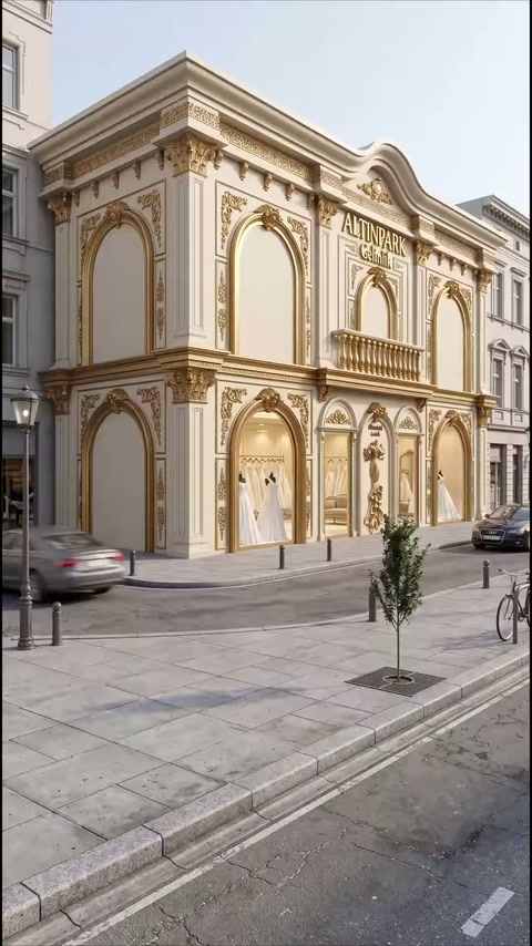 Clădire clasică ornamentată cu ancadramente, cornișe și arcade ample