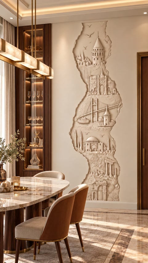 Amenajare interioară cu basorelief vertical amplasat în zona de dining.