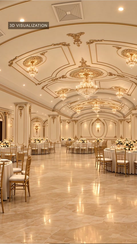 Perspectivă frontală asupra tavanului ornamental și salonului proiectat
