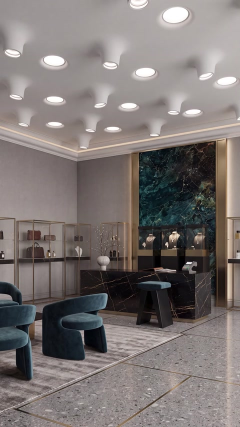 Tavan decorativ cu forme organice și iluminare ambientală integrată