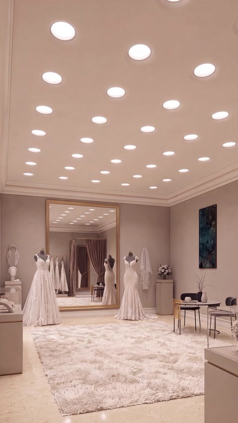 Boutique luminos cu plafon decorativ și spoturi distribuite uniform