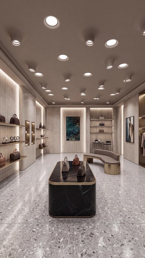 Showroom contemporan cu iluminat ambiental integrat în tavan
