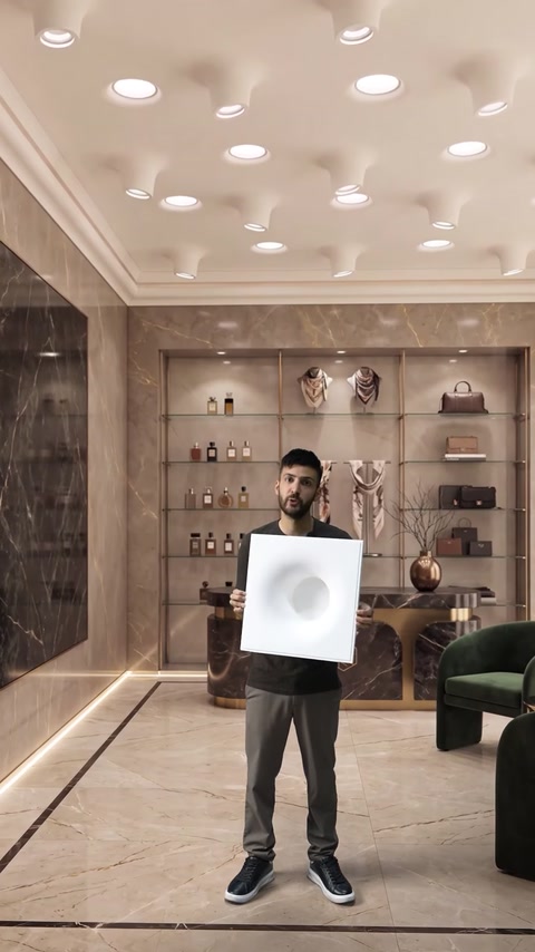 Model de profil amorf prezentat într-un interior decorativ iluminat
