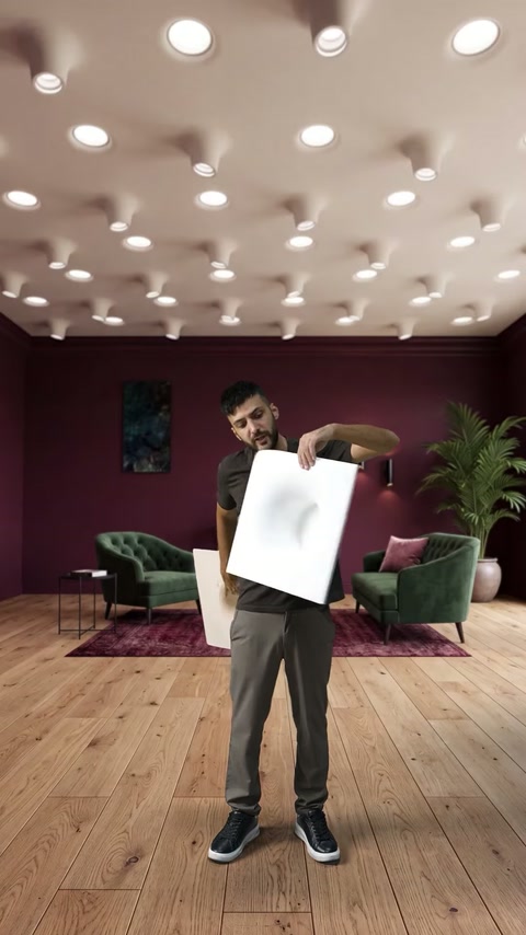 Videoclipul prezintă un panou decorativ concav într-un living modern iluminat.