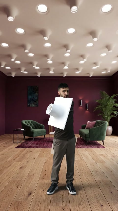 Un element decorativ convex este arătat frontal sub plafonul cu spoturi.