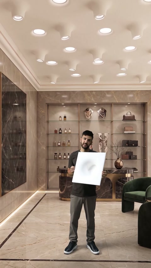 Prezentatorul expune un profil concav într-un showroom cu rafturi iluminate.