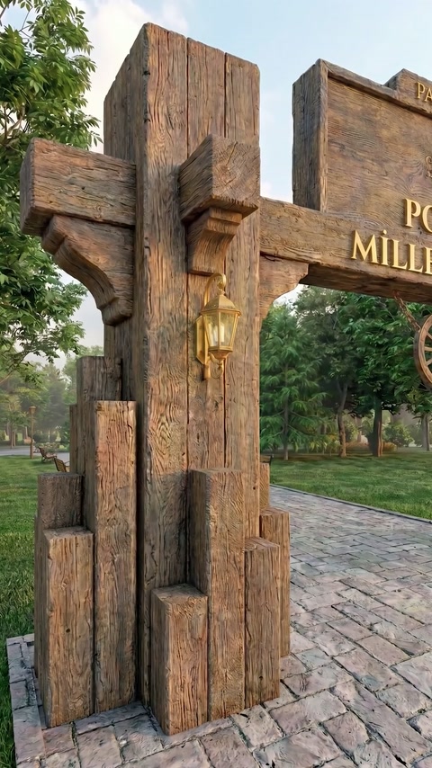 Textura de lemn continuă pe stâlp, consolă și traversa porții.