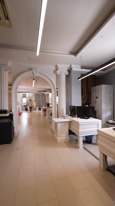 Hol de showroom cu coloane și profile decorative din poliuretan